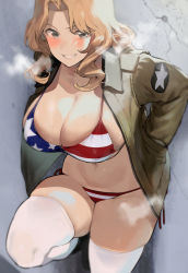 Rule 34 | 1girl, against wall, american flag bikini, american flag print, bikini, bikini under clothes, blonde hair, blush, breasts, clenched teeth, commentary request, flag print, girls und panzer, green jacket, grey eyes, hand in pocket, ikuchan kaoru, jacket, kay (girls und panzer), large breasts, long sleeves, looking at viewer, navel, patch, print bikini, short hair, shoulder patch, smile, solo, star (symbol), striped bikini, striped clothes, sweat, swimsuit, teeth, thighhighs, thighs, white thighhighs