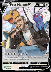 Rule 34 | 1boy, 2others, :d, beard, blue eyes, brown hair, brown jacket, butterfree, choker, creatures (company), denim, dragonite, earrings, facial hair, game freak, gen 1 pokemon, holding, holding microphone, jacket, jeans, jewelry, leather, leather jacket, looking at viewer, mature male, microphone, multiple others, music, nintendo, on one knee, open mouth, pants, pokemon, pokemon (creature), pokemon card, pokemon tcg, post malone, real life, saitou naoki, shiny clothes, shirt, singing, smile, tattoo, teeth, thick eyebrows, trading card, white shirt