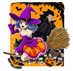 Rule 34 | 1boy, 1girl, bat (animal), black hair, blue hair, breasts, broom, candy, cape, cleavage, collar, fairy tail, food, fur, gajeel redfox, halloween, hat, levy mcgarden, long hair, pantherlily, piercing, pumpkin, spiked hair, sweets, witch hat