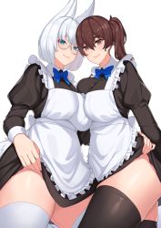 Rule 34 | 2girls, alternate costume, animal ears, apron, azur lane, bespectacled, black dress, black legwear, blue eyes, blue ribbon, breast press, breasts, brown eyes, brown hair, closed mouth, clothes lift, commentary request, crossover, dress, dress lift, enmaided, fox ears, franham, frilled apron, frills, glasses, hair between eyes, highres, historical name connection, juliet sleeves, kaga (azur lane), kaga (kancolle), kantai collection, large breasts, lifting own clothes, lifting another&#039;s clothes, long sleeves, looking at viewer, maid, multiple girls, name connection, neck ribbon, puffy sleeves, ribbon, semi-rimless eyewear, short hair, side ponytail, simple background, smile, thighhighs, thighs, under-rim eyewear, white-framed eyewear, white apron, white background, white hair, white legwear