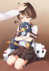 Rule 34 | 10s, 1girl, admiral (kancolle), brown eyes, brown hair, brown legwear, brown skirt, covering own mouth, eno yukimi, failure penguin, hand on another&#039;s head, head pat, headpat, high ponytail, kantai collection, miss cloud, neckerchief, no shoes, pleated skirt, ponytail, sailor collar, school uniform, seiza, serafuku, shikinami (kancolle), sitting, skirt, squiggle, tears, wooden floor