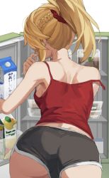 Rule 34 | 1girl, ass, back, bad id, bad twitter id, bare shoulders, blonde hair, braid, breasts, camisole, carton, fate/apocrypha, fate (series), french braid, grey shorts, hair ornament, hair scrunchie, highres, long hair, mordred (fate), mordred (fate/apocrypha), ponytail, red camisole, refrigerator, scrunchie, short shorts, shorts, sidelocks, small breasts, solo, tonee