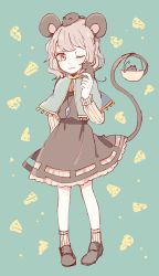 Rule 34 | 1girl, animal, animal ears, animal on head, basket, black dress, black footwear, capelet, cheese, dress, food, full body, green background, grey hair, hand up, holding, holding with tail, long sleeves, mouse (animal), mouse ears, mouse on head, mouse tail, mozukuzu (manukedori), nazrin, on head, one eye closed, patterned background, prehensile tail, red eyes, shirt, shoes, short hair, smile, socks, tail, touhou, white shirt, white socks