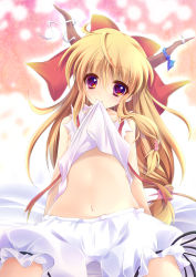 Rule 34 | 1girl, bare shoulders, bloomers, bow, brown hair, enjoy mix, female focus, hair bow, horns, ibuki suika, long hair, midriff, mouth hold, navel, red eyes, smile, solo, touhou, underwear, very long hair