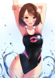Rule 34 | 1girl, arm behind head, arms up, bob cut, breasts, brown eyes, brown hair, competition swimsuit, cowboy shot, creatures (company), game freak, gloria (pokemon), highres, medium breasts, nintendo, one-piece swimsuit, pokemon, pokemon swsh, short hair, simple background, solo, standing, swimsuit, toyomi 13, two-tone swimsuit, white background
