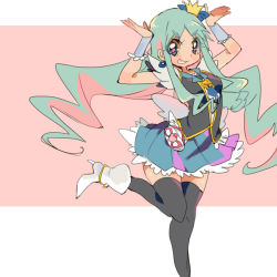 Rule 34 | 1girl, aano (10bit), aqua hair, black thighhighs, blue eyes, brooch, color connection, cosplay, crown, cure marine, cure princess, cure princess (cosplay), grin, happinesscharge precure!, heart, heart brooch, heartcatch precure!, high heels, jewelry, kurumi erika, long hair, looking at viewer, precure, smile, solo, thighhighs