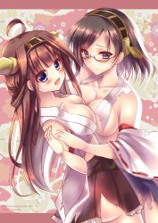 Rule 34 | 10s, 2girls, amane ruri, ass, back, bare shoulders, black hair, blue eyes, blush, breast press, breasts, brown hair, detached sleeves, double bun, glasses, hair ornament, hairband, headgear, japanese clothes, kantai collection, kirishima (kancolle), kongou (kancolle), long hair, multiple girls, nontraditional miko, open mouth, personification, short hair, skirt, smile, torn clothes, type (artist), yuri