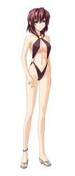 Rule 34 | 1girl, anklet, black one-piece swimsuit, blue nails, bou (inubou), breasts, brown hair, casual one-piece swimsuit, cleavage, closed mouth, full body, hair between eyes, highleg, highleg swimsuit, jewelry, medium breasts, medium hair, munakata misae, muv-luv altered fable, nail polish, navel, o-ring, o-ring swimsuit, official art, one-piece swimsuit, sideboob, solo, swimsuit, tachi-e, toenail polish, toenails, transparent background