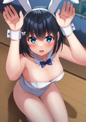 Rule 34 | 1girl, animal ears, arms up, bare shoulders, bed, black hair, black jacket, blazer, blue bow, blue bowtie, blue eyes, blurry, blurry background, blush, bow, bowtie, breasts, butterfly hair ornament, collar, commentary request, depth of field, detached collar, fake animal ears, hair between eyes, hair ornament, hairband, highres, jacket, unworn jacket, komori kuzuyu, leotard, looking at viewer, medium breasts, open mouth, original, pantyhose, playboy bunny, rabbit ears, rabbit pose, rivier (kuzuyu), solo, squatting, strapless, strapless leotard, white collar, white hairband, white leotard, white pantyhose, wing collar, wooden floor