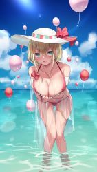 Rule 34 | 1girl, absurdres, aqua eyes, balloon, bare shoulders, bent over, bikini, blonde hair, blush, bow, breasts, cleavage, collarbone, halterneck, hat, hat bow, highres, in water, large breasts, looking at viewer, ocean, off shoulder, open mouth, original, osisio, outdoors, red bikini, red bow, see-through, side-tie bikini bottom, smile, solo, string bikini, sun hat, swimsuit, thigh gap, thighs, wading, water, wet, white hat