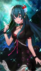 Rule 34 | 1girl, aqua hair, bad id, bad pixiv id, black dress, blue eyes, breasts, bug, butterfly, butterfly on hand, cleavage, collarbone, dress, floral print, flower, hair flower, hair ornament, heart, bug, long hair, looking at viewer, original, parted lips, phonic, puffy short sleeves, puffy sleeves, short sleeves, solo, sparkle, standing, upper body, wrist cuffs