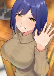 Rule 34 | 1girl, blue hair, blurry, blurry background, blush, breasts, brown sweater, chair, commentary, highres, large breasts, long sleeves, looking at viewer, nijisanji, parted bangs, parted lips, ribbed sweater, shizuka rin, short hair, sitting, smile, solo, sweater, touki (tsuitta), turtleneck, turtleneck sweater, upper body, virtual youtuber, waving, wooden floor, yellow eyes