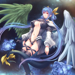 Rule 34 | 1girl, arc system works, asymmetrical wings, bare shoulders, black panties, black socks, blue hair, breasts, center opening, choker, cleavage, detached collar, detached sleeves, dizzy (guilty gear), full body, guilty gear, guilty gear x, guilty gear xx, hair ribbon, hair rings, highres, kneehighs, long hair, midriff, navel, necro (guilty gear), open mouth, panties, red eyes, ribbon, socks, solo, tail, tail ornament, tail ribbon, thigh strap, thighhighs, toshi, twintails, underboob, underwear, undine (guilty gear), very long hair, wings