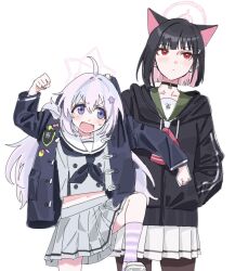 Rule 34 | 2girls, ahoge, angry, animal ears, arm up, black choker, black coat, black hair, black hoodie, black neckerchief, blue archive, blush, brown pantyhose, cat ears, cat girl, choker, clenched hands, closed mouth, clothes grab, coat, collarbone, colored inner hair, commentary request, cowboy shot, expressionless, foot up, grey shirt, grey skirt, hair ornament, halo, hand in pocket, height difference, highres, hood, hood down, hoodie, kazusa (blue archive), kneehighs, light blush, long hair, looking at another, low twintails, midriff peek, multicolored hair, multiple girls, navel, neckerchief, open clothes, open coat, pantyhose, pink hair, pink socks, pleated skirt, purple eyes, red eyes, reisa (blue archive), sailor collar, school uniform, serafuku, shirt, simple background, skirt, socks, standing, standing on one leg, star (symbol), star hair ornament, striped clothes, striped socks, tamayume, tareme, twintails, v-shaped eyebrows, white background, white sailor collar, white skirt