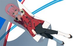 Rule 34 | 10s, 1girl, belt, black pantyhose, boots, commentary request, crossed legs, darling in the franxx, dutch angle, foreshortening, green eyes, hairband, hand up, horns, jacket, licking, licking finger, long hair, long sleeves, military jacket, pantyhose, perspective, pink hair, red jacket, smirk, solo, tomato (lsj44867), tongue, tongue out, white footwear, zero two (darling in the franxx)