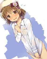 Rule 34 | 1girl, :d, @ @, blush, breasts, brown eyes, collarbone, collared shirt, commentary request, covered erect nipples, covering privates, covering crotch, cowboy shot, crossed bangs, dress shirt, dutch angle, flying sweatdrops, highres, idolmaster, idolmaster cinderella girls, kita hinako, light brown hair, looking at viewer, naked shirt, nipples, nose blush, open mouth, see-through, seneto, shirt, shirt tug, short hair, small breasts, smile, solo, wavy mouth, white shirt, wing collar