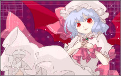 Rule 34 | 1girl, bad id, bad pixiv id, bat wings, bow, female focus, gyokurocha, hands on own chest, hat, hat bow, light purple hair, lowres, oekaki, red eyes, remilia scarlet, slit pupils, smile, solo, sparkle, touhou, wings