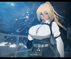 Rule 34 | 1girl, absurdres, armored core, armored core 6, belt, blonde hair, breasts, closed mouth, collared shirt, commentary request, genderswap, genderswap (mtf), handler walter, handler walter (armored core 6), highres, large breasts, long hair, long sleeves, looking at viewer, mecha, nuuuuuusi06, robot, shirt, solo, tan, translation request, white shirt, yellow eyes