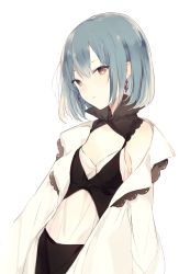 Rule 34 | 1girl, blue hair, breasts, center opening, coat, dress, earrings, expressionless, hair between eyes, half-closed eyes, jewelry, lace trim, looking at viewer, lpip, medium breasts, original, short hair, simple background, solo, upper body, white background, white coat, white dress