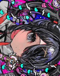 Rule 34 | 1girl, absurdres, ame-chan (needy girl overdose), black eyes, black hair, black ribbon, closed mouth, collared shirt, commentary request, hair ornament, hair over one eye, hair tie, heart, heart wand, highres, lightning bolt symbol, long hair, looking at viewer, momae makku, neck ribbon, needy girl overdose, pien cat (needy girl overdose), pill, red shirt, ribbon, shirt, sideways, solo, twintails, upper body, wand, x hair ornament