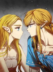 Rule 34 | 1boy, 1girl, bare arms, bare shoulders, belt, belt buckle, blonde hair, blue eyes, blue ribbon, buckle, closed mouth, collarbone, couple, dress, earrings, eye contact, face-to-face, from side, gradient background, hair between eyes, hair ornament, hair ribbon, hetero, highres, jewelry, link, long hair, long sleeves, looking at another, neck, necklace, neckwear request, nintendo, ninto, pointy ears, ponytail, princess zelda, ribbon, shirt, sidelocks, strapless, strapless dress, the legend of zelda, the legend of zelda: breath of the wild, thick eyebrows, upper body, white dress