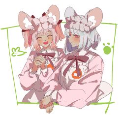 Rule 34 | 2girls, ^ ^, animal ears, apron, blush, bow, bowtie, closed eyes, closed mouth, collared dress, cropped torso, daikokuten (fate), dress, facing viewer, fate/grand order, fate (series), grey hair, hairband, highres, lolita hairband, looking at viewer, mouse ears, mouse girl, mouse tail, multiple girls, open mouth, own hands together, paw print, pink dress, pink hair, purple bow, purple bowtie, red eyes, short hair, simple background, smile, ss un17, tail, twintails, upper body, white apron, white background
