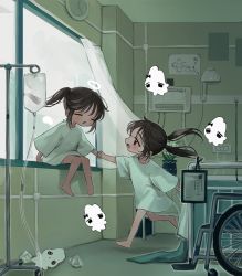 Rule 34 | 2girls, absurdres, angel, angel wings, bare legs, barefoot, bed, black eyes, blush, brown hair, child, clock, closed eyes, curtains, day, detached wings, drawing, floating hair, flower, halo, highres, holding hands, hospital, hospital bed, hospital gown, indoors, intravenous drip, ishida umi, iv stand, looking at another, medium hair, mini wings, multiple girls, no pants, open mouth, original, oversized clothes, oversized shirt, rabbit, shirt, short sleeves, sidelocks, sitting, smile, t-shirt, twintails, vase, wheelchair, white flower, white shirt, window, wings