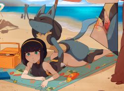 Rule 34 | 1boy, 1girl, 3others, ^^^, animal penis, ass, bad id, bad pixiv id, bare legs, bare shoulders, barefoot, beach, beach towel, bed sheet, black hair, black one-piece swimsuit, blue eyes, blunt bangs, blush, body freckles, breasts, casual one-piece swimsuit, censored, closed eyes, clothing aside, cloud, convenient arm, convenient censoring, creatures (company), day, freckles, full body, game freak, gen 4 pokemon, hair ornament, hairband, inset, interspecies, kasia mikolajczyk (silverfox442), knotted penis, lucario, lying, merunyaa, mosaic censoring, motion lines, multiple others, nintendo, on stomach, one-piece swimsuit, original, outdoors, parted lips, penis, picnic basket, pikachu print, pokemon, pokemon (creature), pokephilia, prone bone, public indecency, sex, sex from behind, sheet grab, short hair, sky, small breasts, swimsuit, swimsuit aside, towel, vaginal, yellow hairband