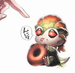 Rule 34 | 1boy, :3, animal feet, chibi, claws, closed mouth, coattails, colored sclera, colored skin, crumbs, disembodied limb, doughnut, food, food on face, forked tongue, full body, green scales, green skin, highres, identity v, lizard tail, looking at another, male focus, mini evil reptilian, mini person, miniboy, mtkg 05, multicolored skin, pointing, pointy ears, red sclera, reptile boy, scales, simple background, sitting, speech bubble, tail, tongue, tongue out, translation request, white background, white eyes