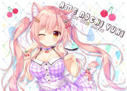 Rule 34 | 1girl, ;), ameto yuki, animal ear fluff, animal ears, bare shoulders, blush, breasts, brown eyes, cat ears, cat girl, cat tail, cherry hair ornament, choker, cleavage, closed mouth, commentary request, dress, food-themed hair ornament, hair between eyes, hair ornament, hands up, head tilt, heart, long hair, looking at viewer, medium breasts, one eye closed, original, paw pose, pink hair, plaid, plaid dress, purple choker, purple dress, smile, solo, sparkle, tail, twintails, very long hair, water drop