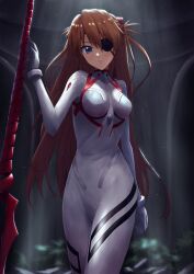 Rule 34 | 1girl, absurdres, artist request, bodysuit, breasts, evangelion: 3.0+1.0 thrice upon a time, eyepatch, highres, holding, holding weapon, interface headset, lance, lance of longinus (evangelion), long hair, looking at viewer, medium breasts, neon genesis evangelion, pilot suit, plugsuit, polearm, rebuild of evangelion, simple background, solo, souryuu asuka langley, very long hair, weapon, white bodysuit