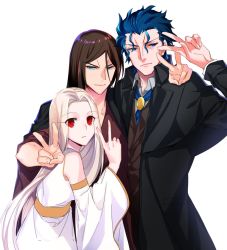 Rule 34 | 1girl, 2boys, black hair, black jacket, blue eyes, blue hair, closed mouth, commentary request, double v, dress, fate/grand order, fate/stay night, fate (series), homunculus, jacket, japanese clothes, justeaze lizrich von einzbern, long hair, looking at viewer, matou zouken, multiple boys, red eyes, simple background, tohsaka nagato, v, white background, white dress, white hair, ycco (estrella)