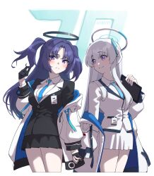 Rule 34 | 2girls, black gloves, black jacket, black skirt, black suit, blue archive, blue necktie, blush, closed mouth, collared shirt, cowboy shot, cropped legs, formal, gloves, twirling hair, half gloves, halo, harara (dbwogks2), headphones, highres, holding, holding hands, holding tablet pc, id card, jacket, jacket partially removed, korean commentary, long hair, looking at another, looking at viewer, multiple girls, necktie, noa (blue archive), off shoulder, purple eyes, purple hair, shirt, simple background, skirt, smile, suit, tablet pc, two side up, white background, white hair, white jacket, white shirt, white skirt, white suit, yuuka (blue archive)