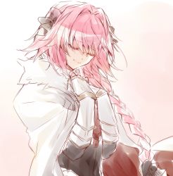 Rule 34 | 1boy, armor, astolfo (fate), black bow, black ribbon, bow, braid, cloak, closed eyes, commentary request, fate/apocrypha, fate (series), fur trim, gauntlets, gradient background, hair intakes, hair ribbon, hands on own chest, highres, kan&#039;yu (citron 82), long braid, male focus, pink background, pink hair, ribbon, sad smile, single braid, solo, white background