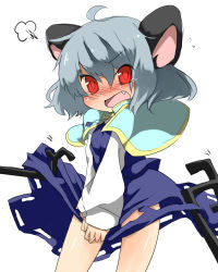 Rule 34 | 1girl, ahoge, angry, animal ears, blush, clothes lift, dowsing rod, dress, dress lift, embarrassed, fang, female focus, fume, grey hair, jewelry, mikan (ama no hakoniwa), mouse ears, mouse tail, nazrin, necklace, open mouth, pendant, red eyes, short hair, skirt, skirt lift, skirt tug, solo, tail, tears, touhou