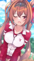 Rule 34 | 1girl, blue sky, blurry, blurry background, bow, breasts, brown hair, buruma, cloud, commentary request, daiwa scarlet (umamusume), day, fang, hair between eyes, hair bow, hair intakes, horse girl, jacket, large breasts, leaning forward, long hair, looking at viewer, multicolored clothes, multicolored jacket, one eye closed, open mouth, outdoors, red bow, red eyes, red jacket, shiitake taishi, sky, solo, tiara, twintails, two-tone jacket, umamusume, very long hair, white jacket