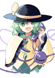 Rule 34 | 1girl, black hat, buttons, collared shirt, corded phone, deetamu, diamond button, frilled shirt collar, frilled sleeves, frills, green eyes, green hair, green skirt, hat, hat ribbon, highres, holding, holding knife, holding phone, knife, koishi day, komeiji koishi, long sleeves, open mouth, phone, ribbon, shirt, short hair, simple background, skirt, smile, solo, third eye, touhou, upper body, white background, wide sleeves, yellow ribbon, yellow shirt