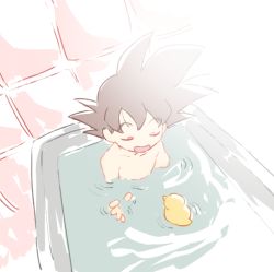 Rule 34 | 1boy, bath, bathing, bathtub, bird, black hair, closed eyes, covering privates, dragon ball, dragonball z, duck, happy, male focus, nude, nude cover, open mouth, short hair, smile, solo, son goten, spiked hair, water