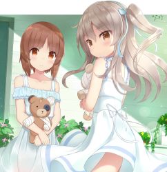 Rule 34 | 2girls, bad id, bad pixiv id, bandages, bare arms, bare shoulders, blue bow, blue dress, blue hairband, blush, boko (girls und panzer), bow, brown eyes, brown hair, closed mouth, commentary request, dress, flower, girls und panzer, hair between eyes, hair bow, hairband, highres, long hair, looking at viewer, looking back, multiple girls, nishizumi miho, hugging object, off-shoulder dress, off shoulder, one side up, pink flower, shimada arisu, shuuichi (gothics), sleeveless, sleeveless dress, smile, stuffed animal, stuffed toy, teddy bear, white dress, yellow flower