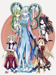 Rule 34 | 2boys, 3girls, aged down, barefoot, black hair, blonde hair, blue dress, blue hair, boots, breasts, carrying, child, commentary request, crossed arms, crossed bangs, curled horns, dress, enkidu (fate), ereshkigal (fate), fate/grand order, fate/grand order arcade, fate (series), gilgamesh, gilgamesh (caster) (fate), gilgamesh (fate), green eyes, hair between eyes, hair on horn, high collar, high heel boots, high heels, highres, horns, ishtar (fate), kingu (fate), kujiramaru, large breasts, larva tiamat (fate), larva tiamat (third ascension) (fate), long dress, long horns, looking at viewer, multiple boys, multiple girls, navel, pointy ears, purple eyes, red eyes, short eyebrows, smile, standing, symbol-shaped pupils, tiamat (fate), x x