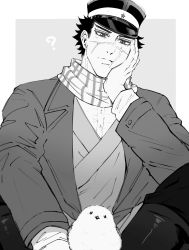 Rule 34 | 1boy, ?, animal, bird, black hair, blush, boots, chick, elbow rest, facial scar, golden kamuy, greyscale, hat, highres, imperial japanese army, kepi, light smile, long sleeves, male focus, military hat, monochrome, scar, scar on cheek, scar on face, scar on nose, scarf, short hair, solo, spiked hair, sugimoto saichi, zuncha (mun suru)