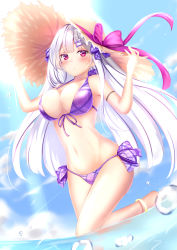 Rule 34 | 1girl, anklet, azur lane, bare shoulders, bikini, blue sky, blush, bow, breasts, bubble, cleavage, cloud, collarbone, cygnet (azur lane), cygnet (sea star on shore) (azur lane), day, front-tie bikini top, front-tie top, glint, hair bow, hair ornament, hairclip, halterneck, hands on headwear, hands up, hat, hat ribbon, highres, jewelry, large breasts, leg up, light rays, long hair, looking at viewer, navel, parted lips, purple bikini, red eyes, ribbon, side-tie bikini bottom, sky, solo, strap gap, straw hat, sun, sunbeam, sunlight, swimsuit, very long hair, water, white hair, yuano