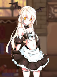 Rule 34 | 1girl, apron, bare shoulders, black skirt, blurry, blurry background, blush, breasts, cleavage, collarbone, cowboy shot, crop top, depth of field, detached sleeves, elsword, er se lianhua die, eve (elsword), facial mark, garter straps, groin, head wings, highres, lace trim, long hair, maid, maid apron, mechanical ears, midriff, miniskirt, navel, puffy short sleeves, puffy sleeves, short sleeves, skirt, small breasts, standing, stomach, white hair, wings, yellow eyes