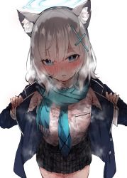 Rule 34 | 013 (hamsasuke), 1girl, animal ears, blazer, blue archive, blue eyes, blush, breasts, hair ornament, hairclip, halo, highres, jacket, necktie, open mouth, pleated skirt, scarf, school uniform, shiroko (blue archive), silver hair, simple background, skirt, solo, steaming body, sweat, wet, wet clothes, white background