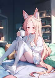 Rule 34 | 1girl, absurdly long hair, absurdres, alternate costume, animal ear fluff, animal ears, ass, blonde hair, blue archive, blurry, blurry background, blush, bow, bright pupils, closed mouth, commentary request, cup, feet, flower, flower wreath, forehead, fox ears, fox girl, gradient eyes, hair bow, hair flower, hair ornament, highres, holding, holding cup, indoors, knees together feet apart, knees up, light frown, long hair, long sleeves, mug, multicolored eyes, no shoes, orange eyes, parted bangs, pillow, seia (blue archive), shelf, sitting, soles, solo, sweater, thighhighs, thighs, toes, turtleneck, turtleneck sweater, user sxaf8777, very long hair, white bow, white pupils, white sweater, white thighhighs, yellow eyes