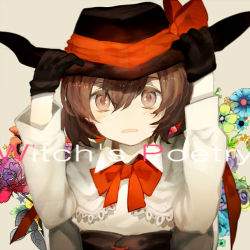 Rule 34 | 1girl, adapted costume, alternate costume, black gloves, blush, bow, brown eyes, brown hair, capelet, flower, gloves, hat, hat bow, long sleeves, looking at viewer, newo (shinra-p), open mouth, ribbon, shirt, short hair, simple background, solo, text focus, touhou, usami renko