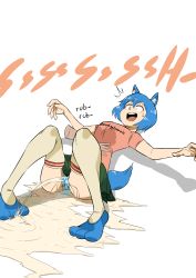 Rule 34 | 1girl, absurdres, animal ears, belly rub, biku, blue footwear, blue hair, blue panties, blush, breasts, clothes writing, disembodied hand, dog ears, dog girl, dog tail, green skirt, highres, large breasts, lying, omo.org, open mouth, orange shirt, panties, paw shoes, peeing, peeing self, puddle, shirt, shizuku (omo.org), shoes, short hair, short sleeves, skirt, smile, surprised, sweatdrop, tail, teeth, thighhighs, underwear, wet, wet clothes, wet panties, wet skirt, white background, yellow thighhighs