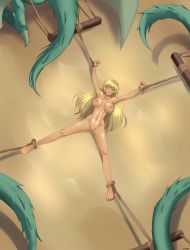 Rule 34 | 1girl, arms up, bad end, barefoot, blonde hair, breasts, cleft of venus, clenched hands, clenched teeth, completely nude, dark-skinned female, dark skin, defeat, execution, fire emblem, fire emblem: the binding blade, full body, gluteal fold, highres, igrene (fire emblem), large breasts, lips, long hair, mole, mole under eye, navel, nintendo, nipples, nude, outstretched arms, pussy, quartered, solo focus, spread arms, spread legs, teeth, toes, veiled616, violence, what, yellow eyes