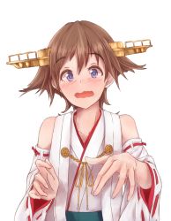 Rule 34 | 10s, 1girl, bare shoulders, blue eyes, blush, detached sleeves, hair between eyes, headgear, hiei (kancolle), hiei kai ni (kancolle), highres, jewelry, kantai collection, kuuru (kuuru-n), nontraditional miko, ring, short hair, sketch, solo, upper body, wavy mouth, wedding ring, white background, wide sleeves