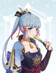 Rule 34 | 1girl, arm guards, armor, ayaka (genshin impact), blue eyes, blue nails, blunt bangs, breasts, choker, cleavage, collarbone, commentary request, folding fan, genshin impact, grey hair, hair ornament, hair ribbon, hair tubes, hand fan, highres, japanese armor, japanese clothes, kiz mk, long hair, looking at viewer, medium breasts, nail polish, ribbon, short sleeves, sidelocks, simple background, solo, tress ribbon